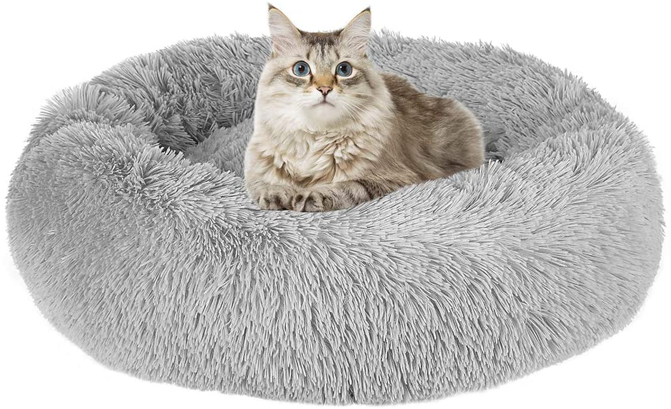 Mojonnie Donut Cat Bed, round Faux Fur Cat Bed Soft Plush Pet Cushion Bed Self-Warming Sleeping Bed for Cats Winter Pets Puppy Indoor Pet round Nest Animals & Pet Supplies > Pet Supplies > Cat Supplies > Cat Furniture Mojonnie LightGrey Pat2  