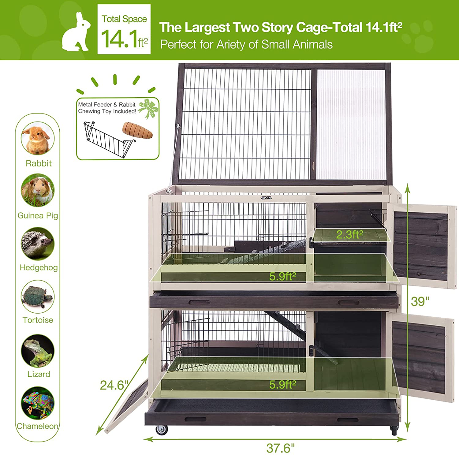 Rabbit Hutch Indoor Pet House for Small Animals, Outdoor Bunny Cage Wooden Bunny Hutch -Two Deeper Trays & Four Casters Included
