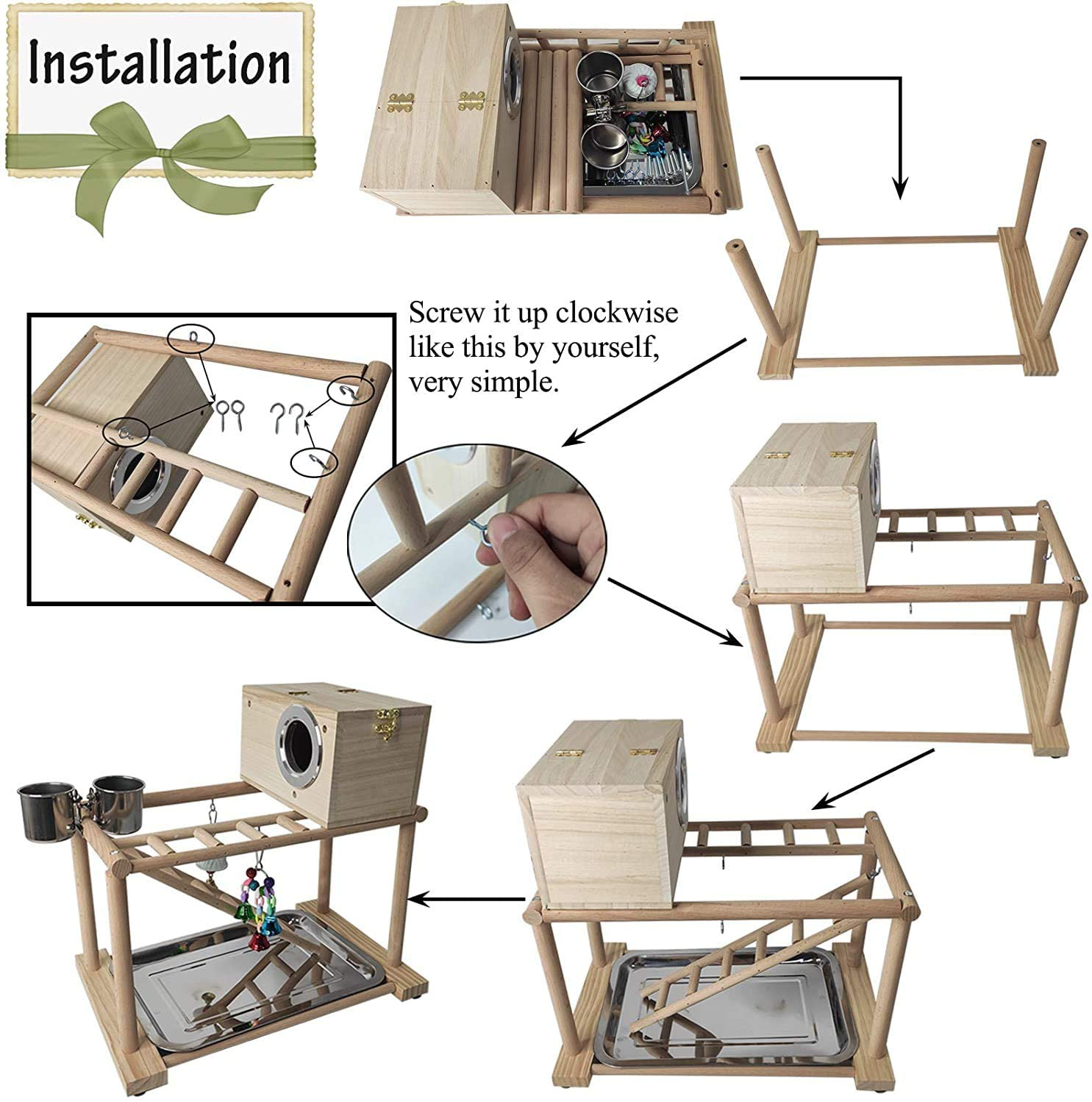 Kathson Parrots Playground Bird Playstand Birdcage Play Stand Wood Perch Gym Playpen with Parakeet Nest Box Ladder Feeder Cups Chewing Toys Exercise Activity Center for Conure Cockatiel Lovebirds Animals & Pet Supplies > Pet Supplies > Bird Supplies > Bird Gyms & Playstands kathson   