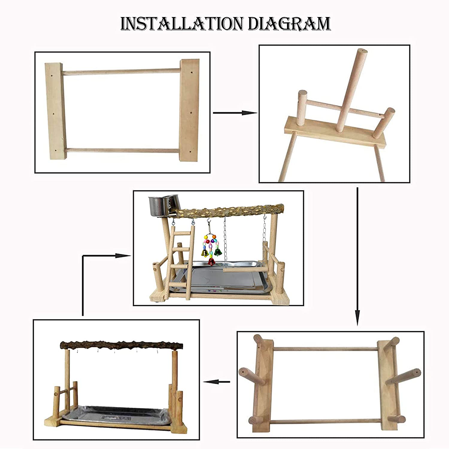 Kathson Parrots Playground Bird Perch Wood Playstand Stand with Ladder Swing Feeder Cups Chew Toy for Parakeet Conure Cockatiel Budgie Lovebird Finch Small Birds Animals & Pet Supplies > Pet Supplies > Bird Supplies > Bird Cages & Stands kathson   