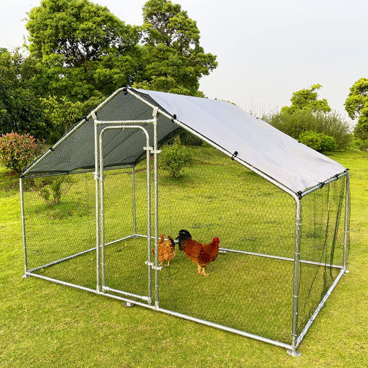 Hiwokk Large Metal Chicken Coop Walk-In Poultry Cage Chicken Run Dog Kennel Chicken Pen Spire Shaped Coop with Waterproof and Anti-Ultraviolet Cover for Backyard Farm Use(9.8'L X 6.6'W X 6.4'H)