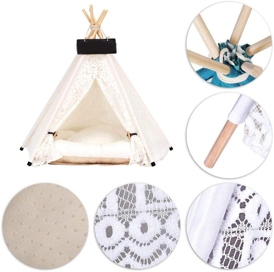 Kinbelle Lace Pet Tent Dog Bed Cat Tipi Kennels Removable Washable Pet Teepee Play House (With Cushion)