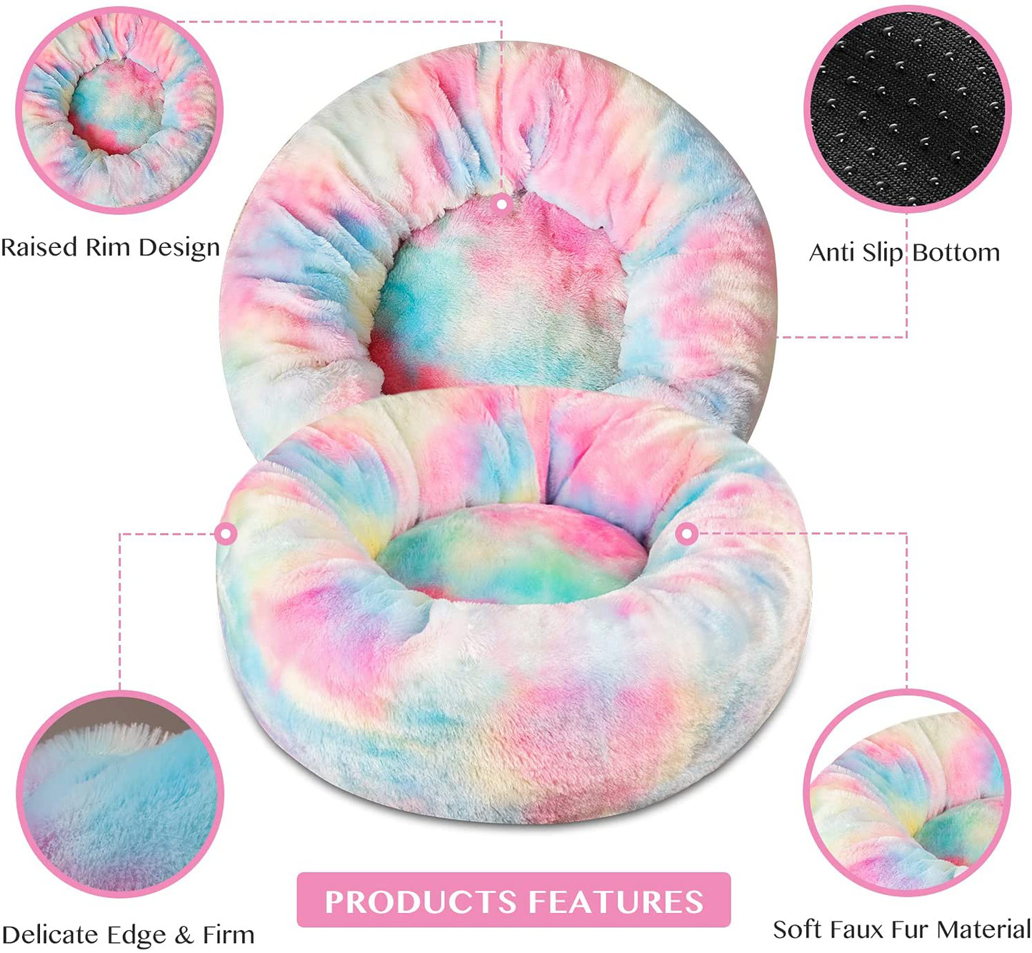Tantivybo Donut Dog Bed & Cat Bed, Soft Faux Fur Plush Anti-Anxiety Pet Calming Bed, Washable Dog Cuddler Bed for Small Dogs Cats up to 25 Pounds ( 24'' X 24', Rainbow )