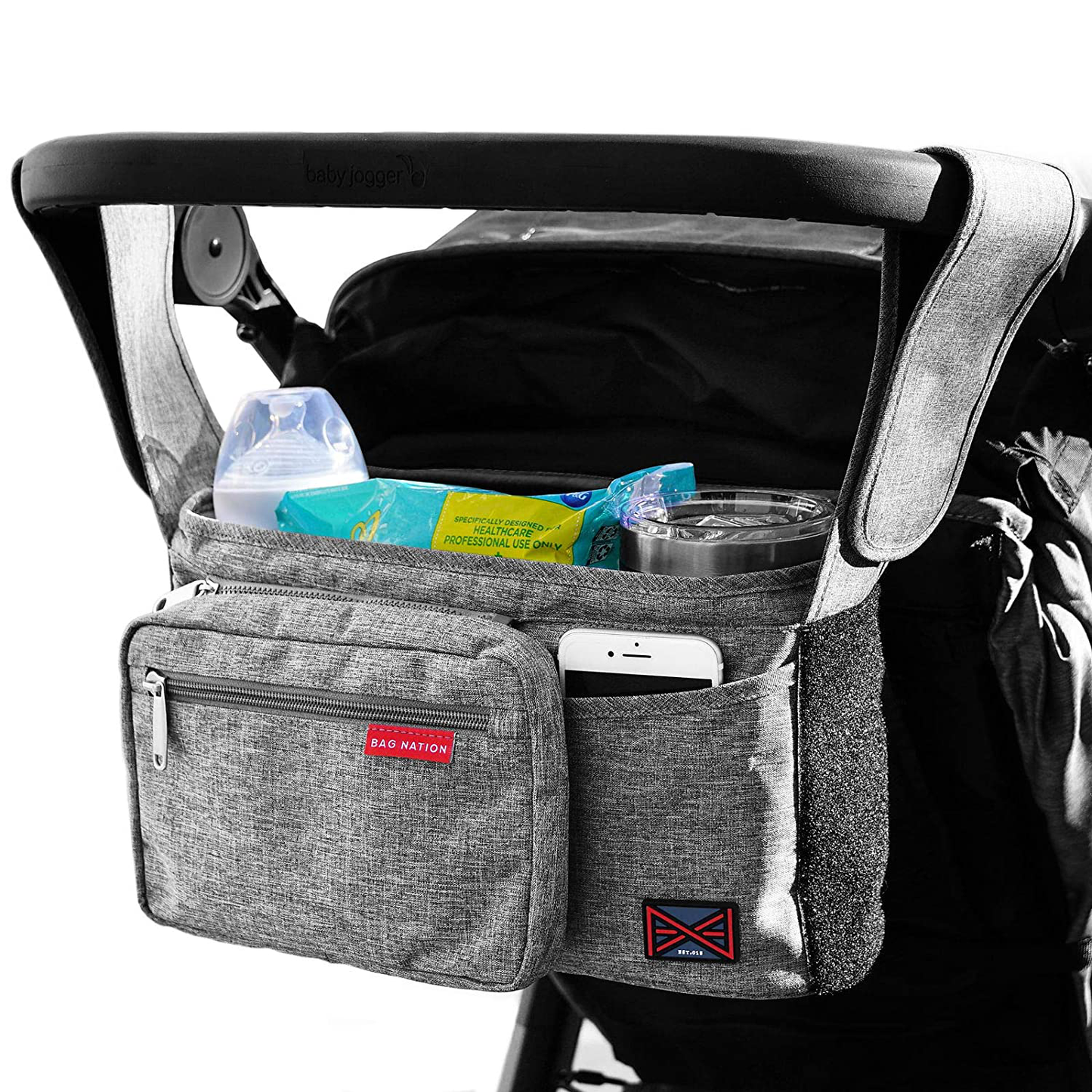 Bag Nation Universal Stroller Organizer Caddy Featuring Cup Holders, Large Main Pocket Compatible with Uppababy, Baby Jogger, Britax, Bugaboo, BOB, Umbrella and Pet Stroller - Grey Animals & Pet Supplies > Pet Supplies > Dog Supplies > Dog Treadmills Bag Nation Grey  