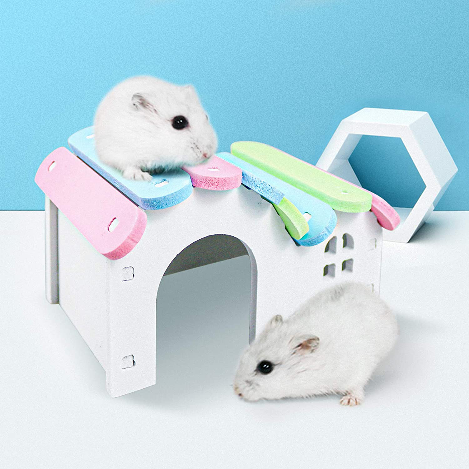 Roundler Dwarf Hamsters House DIY Wooden Gerbil Hideout Rainbow Bridge Swing and PVC Seesaw, Pet Sport Exercise Toys Set, Sugar Glider Syrian Hamster Cage Accessories, Suitable for Small Animal Animals & Pet Supplies > Pet Supplies > Small Animal Supplies > Small Animal Habitat Accessories Roundler   