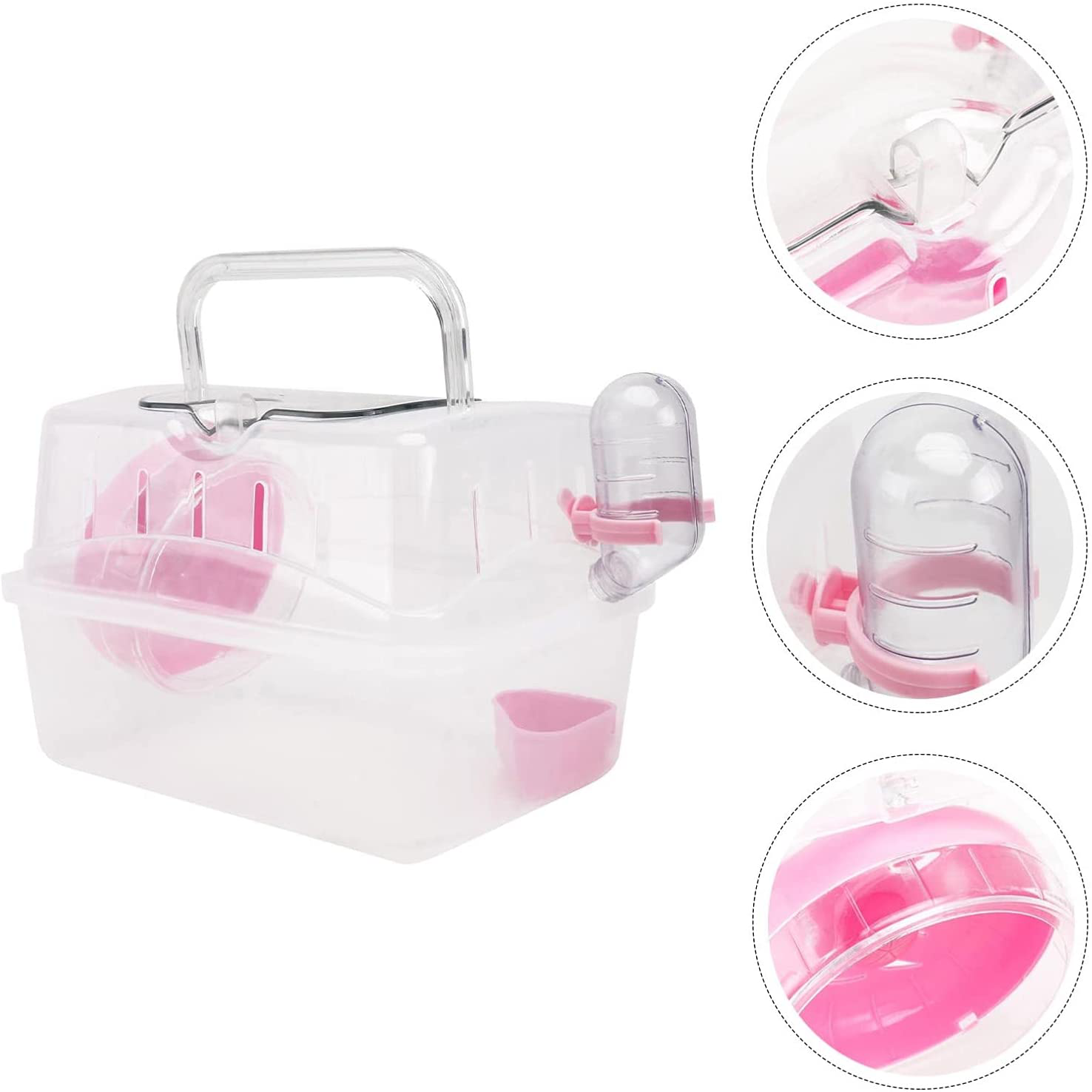 TEHAUX Dwarf Hamster Travel Cage Habitat, Small Animal Portable Travel Carrier with Accessories Including Exercise Wheel Water Bottle and Food Dish （ Pink ）