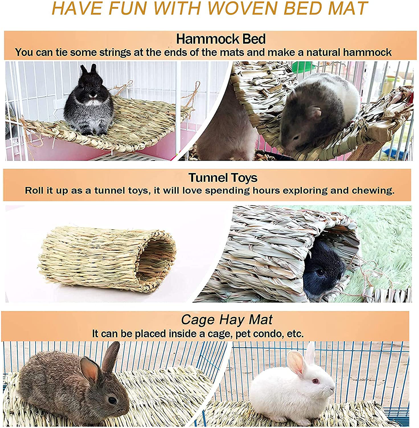 Grass Mat-Woven Bed Mat, Rabbit Bunny Bedding Mat for Small Animals, Natural Straw Woven Grass Bed Mat Chew Toys Bed for Pet, Guinea Pig Hamster Chinchilla Parrot Squirrel Rat 3PCS Animals & Pet Supplies > Pet Supplies > Small Animal Supplies > Small Animal Bedding WoLover   