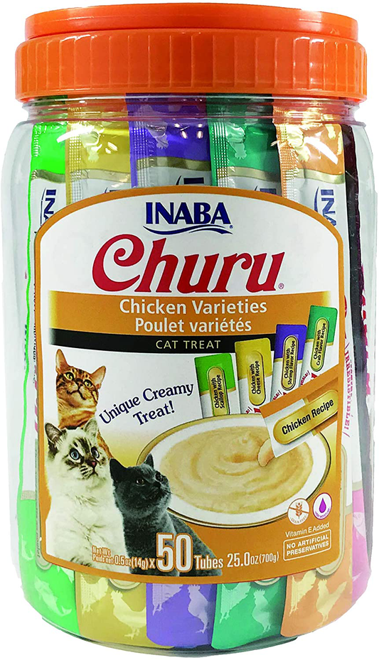 INABA Churu Chicken Lickable Creamy Purée Cat Treats 5 Flavor Variety Pack of 50 Tubes