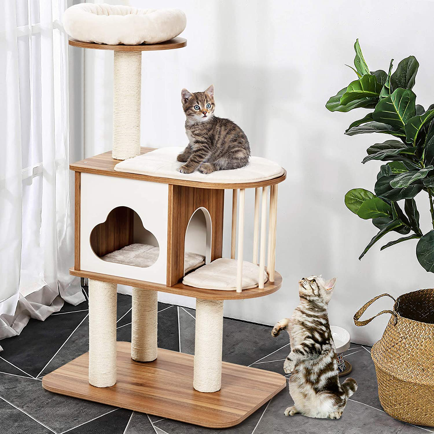 Tangkula Modern Wood Cat Tree, 46 Inches Cat Tower with Platform, Cat Activity Center with Scratching Posts and Washable Cushions, Wooden Cat Condo Furniture for Kittens and Cats Animals & Pet Supplies > Pet Supplies > Cat Supplies > Cat Furniture Tangkula   