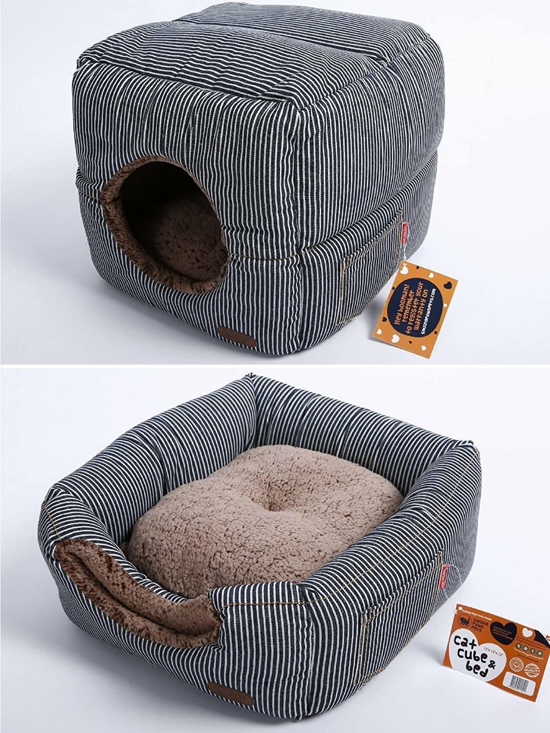Smiling Paws Cat House for Indoor Cats - Quality Washable Small Pet Bed That Serves as a Cat Cave, Cat Condo, or a Popup Cat Tent - a 2 in 1 Covered Cat Bed Cave & Cat Cube for Indoor Cats Animals & Pet Supplies > Pet Supplies > Cat Supplies > Cat Beds Smiling Paws Pets   