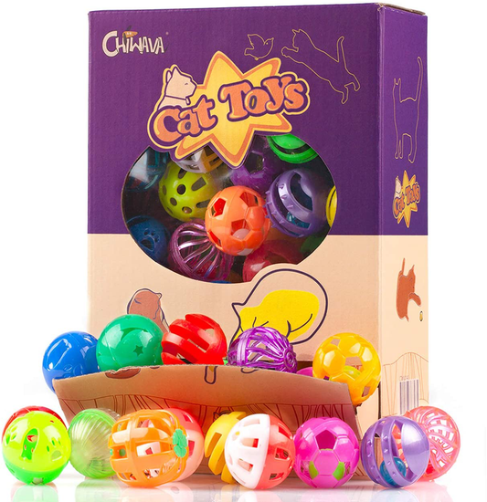 Chiwava 48 Pack Plastic Noisy Cat Toy Balls with Bell Kitten Chase Toy 8 Types Assorted Color Size