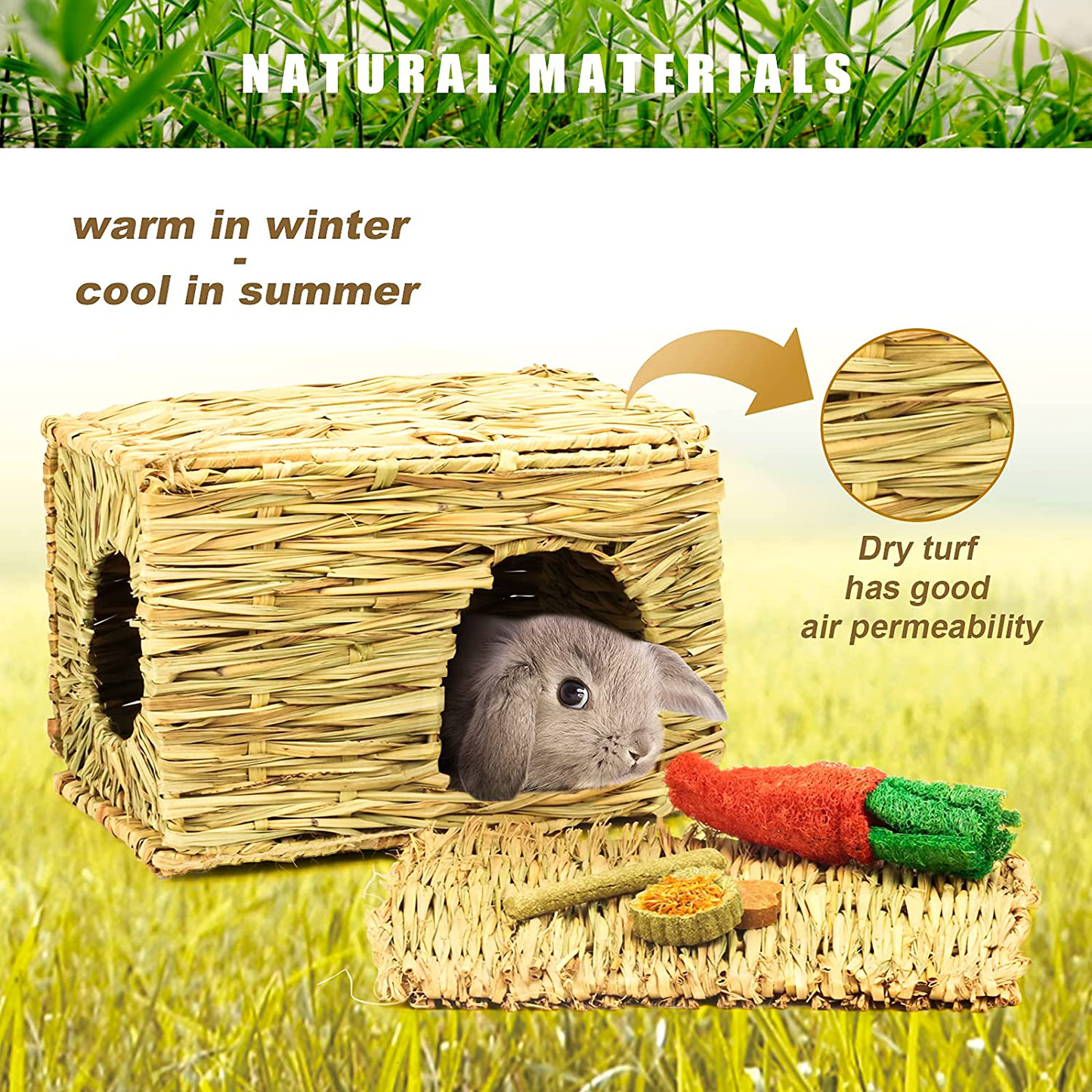 NC Rabbit Grass House, Hand Weave Bunny Hideout Natural Small Animals Habitats Foldable Grass Hut with Hamster Chew Toys Guinea Pig Pads for Bunny Chinchilla and Other Small Animals Play Animals & Pet Supplies > Pet Supplies > Small Animal Supplies > Small Animal Habitats & Cages N\C   