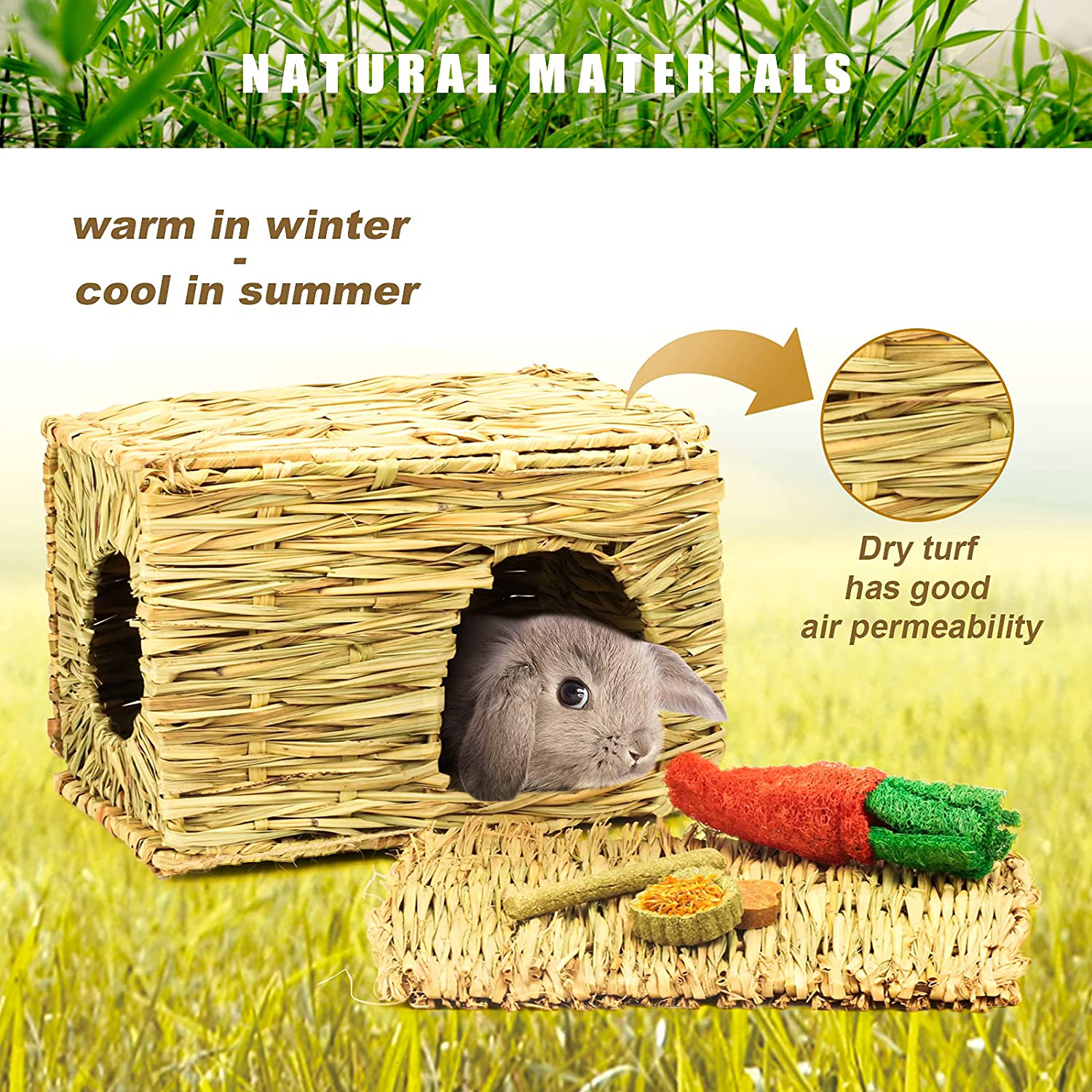 NC Rabbit Grass House, Hand Weave Bunny Hideout Natural Small Animals Habitats Foldable Grass Hut with Hamster Chew Toys Guinea Pig Pads for Bunny Chinchilla and Other Small Animals Play Animals & Pet Supplies > Pet Supplies > Small Animal Supplies > Small Animal Habitats & Cages N\C   