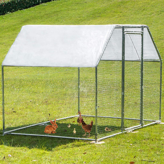 VEVOR Metal Chicken Coop, 9.5'X6.5'X6' Large Walk-In Hen House with Cover, Galvanized Steel Poultry Run Extension with Lockable Door, Flat Roof Enclosure Cage for Hen Duck Rabbit Dog in Yard Farm Animals & Pet Supplies > Pet Supplies > Dog Supplies > Dog Kennels & Runs VEVOR   