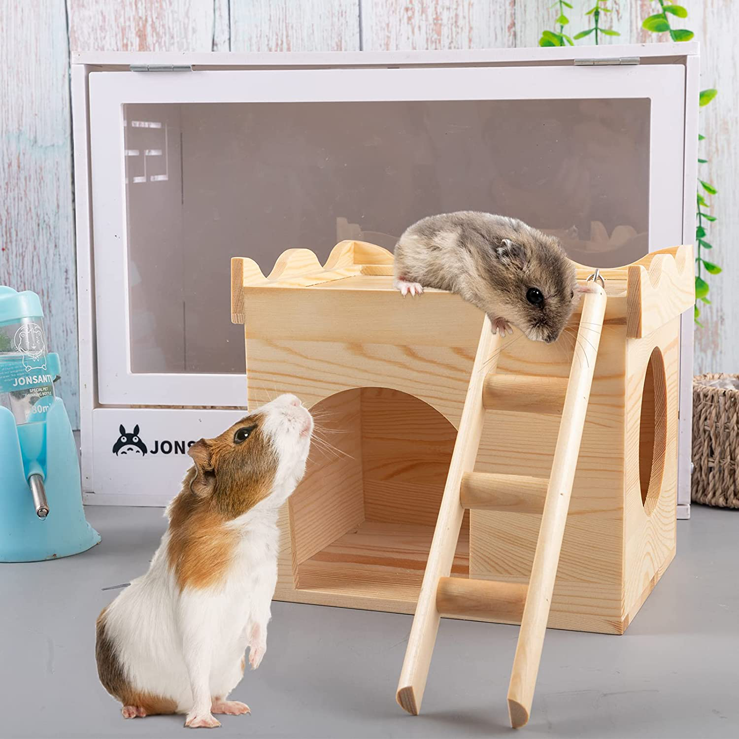 MEWTOGO Wave Style Guinea Pigs Castle Wood House- Guinea Pig Hideout Chinchilla Hideout with Wooden Stairs for Guinea Pigs Hamsters Squirrel