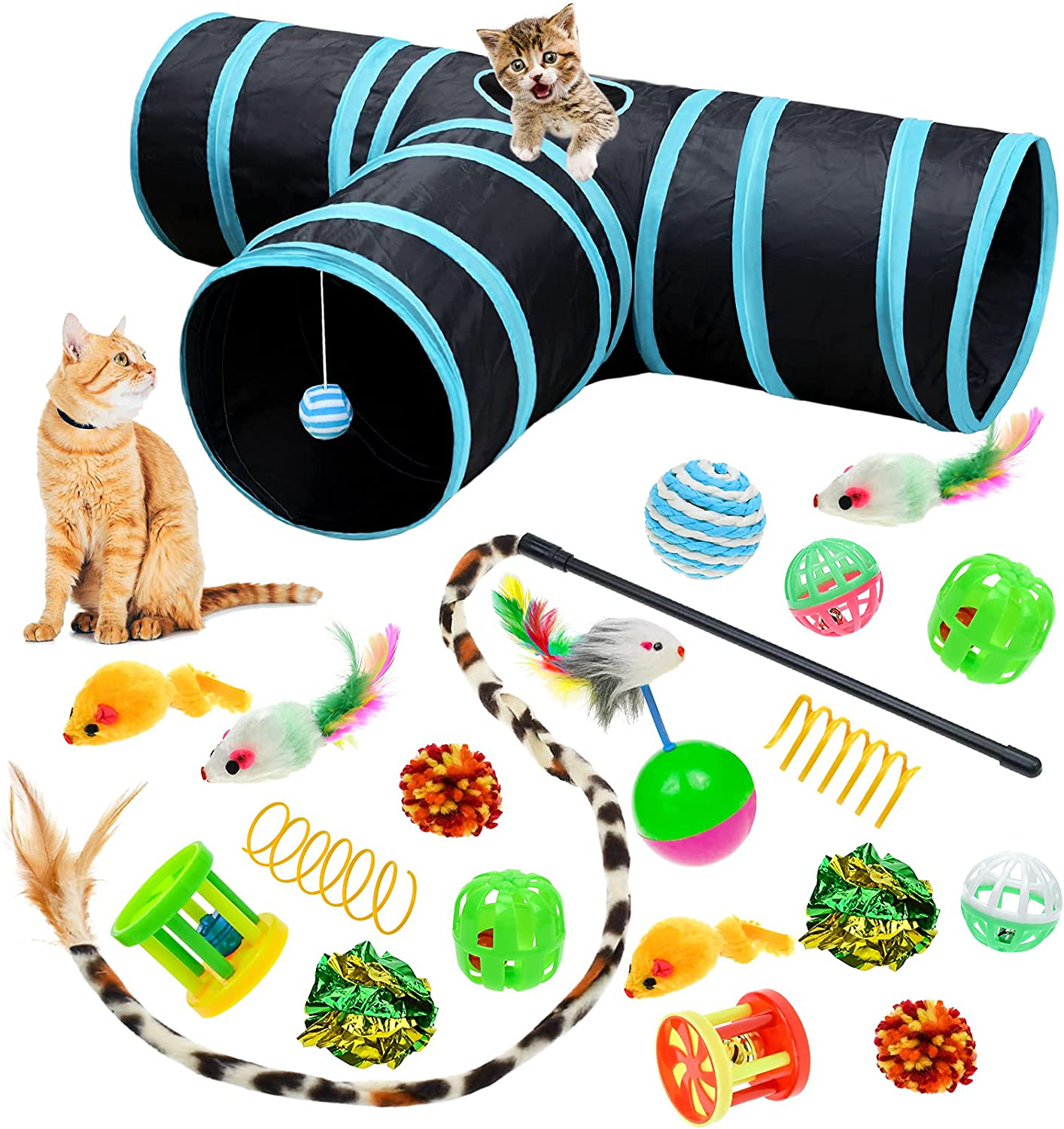 Malier 20 PCS Cat Kitten Toys Set, Collapsible Cat Tunnels for Indoor Cats, Interactive Cat Feather Toy Fluffy Mouse Crinkle Balls Cat 3 Way Tube Tunnel Toys for Cat Puppy Kitty Kitten Animals & Pet Supplies > Pet Supplies > Cat Supplies > Cat Toys Malier Black  