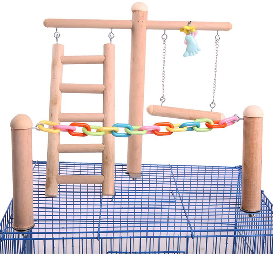 Bird Cage Stand Play Gym, Green Cheek Conure Perch Playground, Wood Parrot Climbing Ladder Chewing Chain Swing for Lovebirds Budgies Finches Parakeets, Activity Center,Birdcage Training Accessories Animals & Pet Supplies > Pet Supplies > Bird Supplies > Bird Gyms & Playstands QBLEEV   