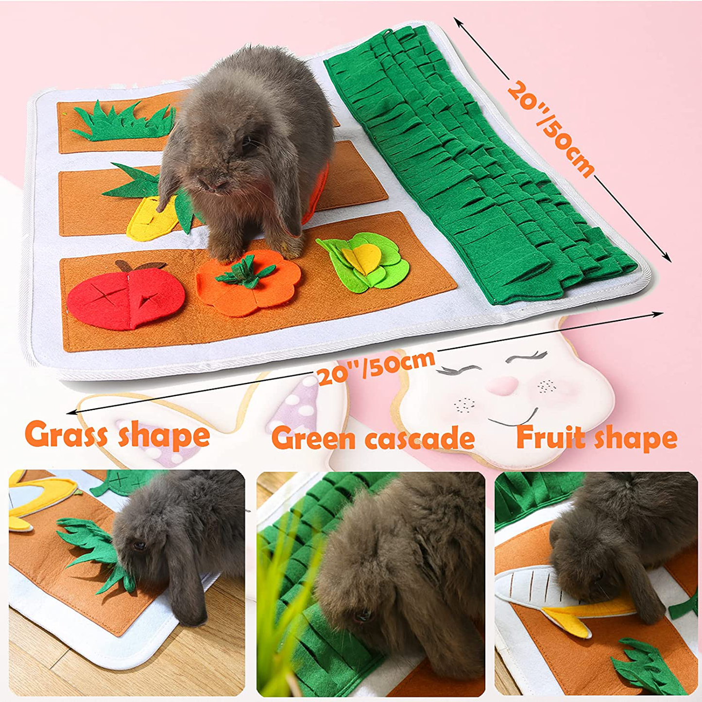 Rabbit Foraging Mat 20" × 20" Machine Washable Polar Fleece Pet Snuffle Mat Encourages Natural Foraging Skills Interactive Games for Bunny, Guinea Pigs, Chinchillas, Small Animals, Dog
