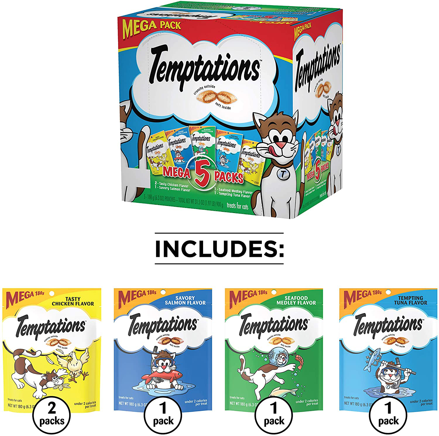 Temptations Whiskas Mega Pack Cat Treats, Assorted Flavors, 6.3 Oz, 5 Pack Animals & Pet Supplies > Pet Supplies > Cat Supplies > Cat Treats Temptations   