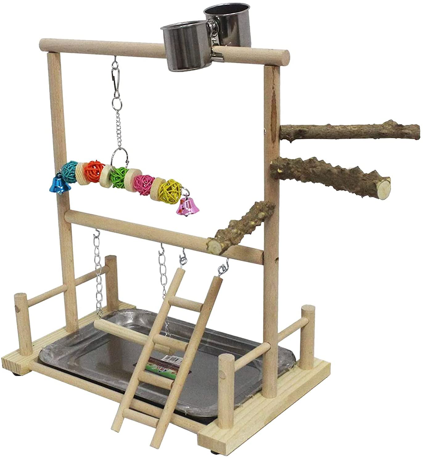 Kathson Bird Playground Parrot Playstand Wood Perch Stand Toys Ladder Swing Feeder Cups Chew Toy for Parakeet Conure Cockatiel Budgie Lovebird Finch Small Birds Animals & Pet Supplies > Pet Supplies > Bird Supplies > Bird Ladders & Perches kathson   