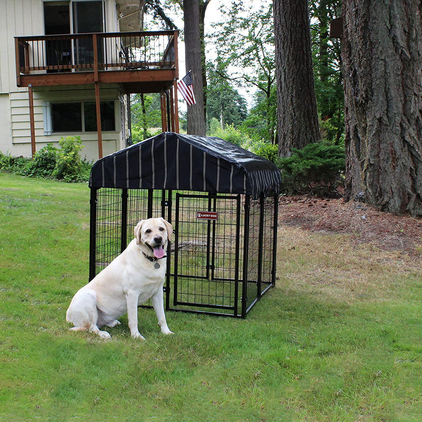 Lucky Dog Pet Resort Kennel 48 X 48 X 52 in Outdoor Pet Pen W/ High Density Waterproof Polyester Roof Cover & Dual Access Door Gate, Gray