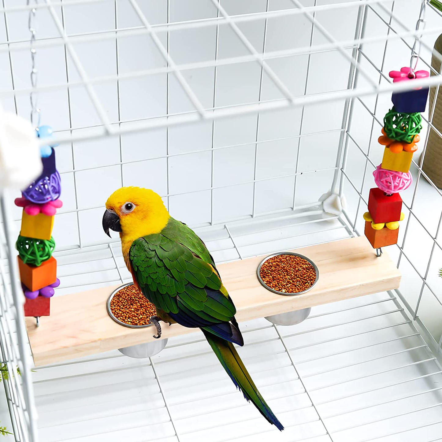 Bird Feeding Dish Cups with Parrot Perch Swing Chew Toys 4 in 1 Hanging Natural Wooden Bird Swing Stainless Steel Parrot Cage Feeder Water Bowl for Parakeet Cockatiels Lovebirds Budgie Pigeons Animals & Pet Supplies > Pet Supplies > Bird Supplies > Bird Cages & Stands KEVOTOMP   