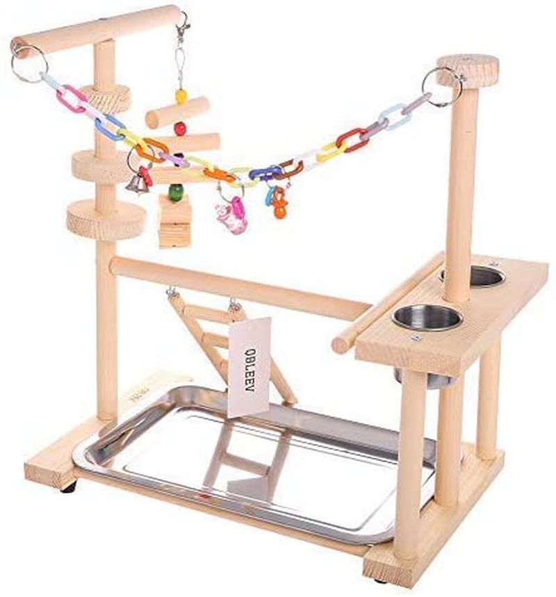 QBLEEV Parrot Playstand Bird Play Stand Cockatiel Playground Wood Perch Gym Playpen Ladder with Feeder Cups Toys Exercise Play (Include a Tray) Animals & Pet Supplies > Pet Supplies > Bird Supplies > Bird Cages & Stands QBLEEV   