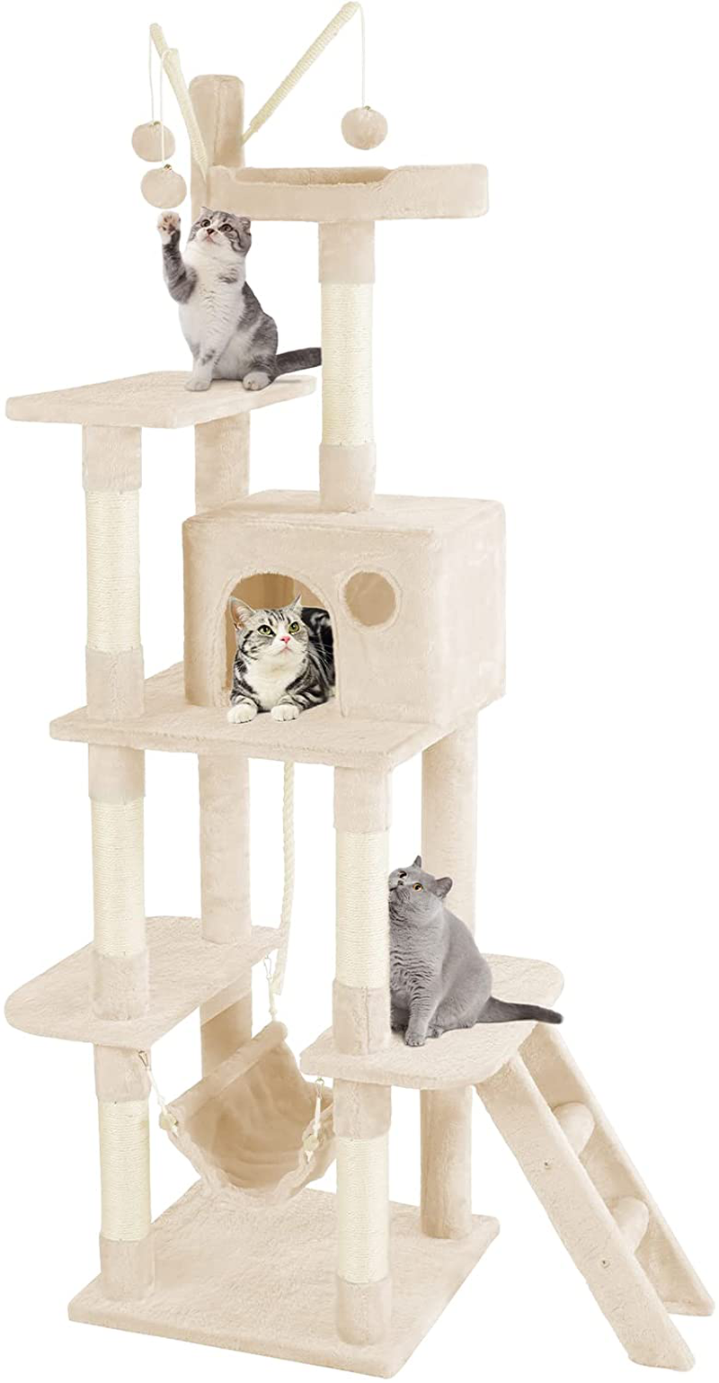 JOYO Cat Tree for Indoor Cats, 65.5 Inches Multi-Level Cat Tower Cat Tree with Hammock, Scratching Posts, Top Perch, Ladder, Cat Activity Tree Cat Condo with Toys, Cat Climbing Tower for Kitten Play Animals & Pet Supplies > Pet Supplies > Cat Supplies > Cat Furniture JOYO Beige 65.5" 