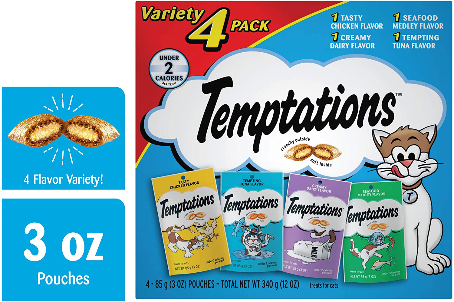 TEMPTATIONS Classic Crunchy and Soft Cat Treats Feline Favorite Variety Pack, (4) 3 Oz. Pouches Animals & Pet Supplies > Pet Supplies > Cat Supplies > Cat Treats Temptations   