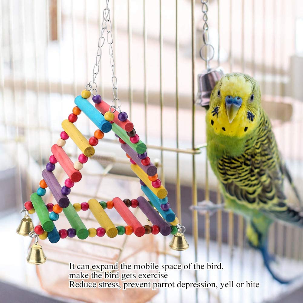 Sheens Parrot Swing Toys, Triangle Climbing Ladders Hanging Bell Toy Colorful Wood Beads Bird Perch for Parakeet Cockatiel Macaw African Grey Cockatoo Lovebird Finch Animals & Pet Supplies > Pet Supplies > Bird Supplies > Bird Ladders & Perches Sheens   