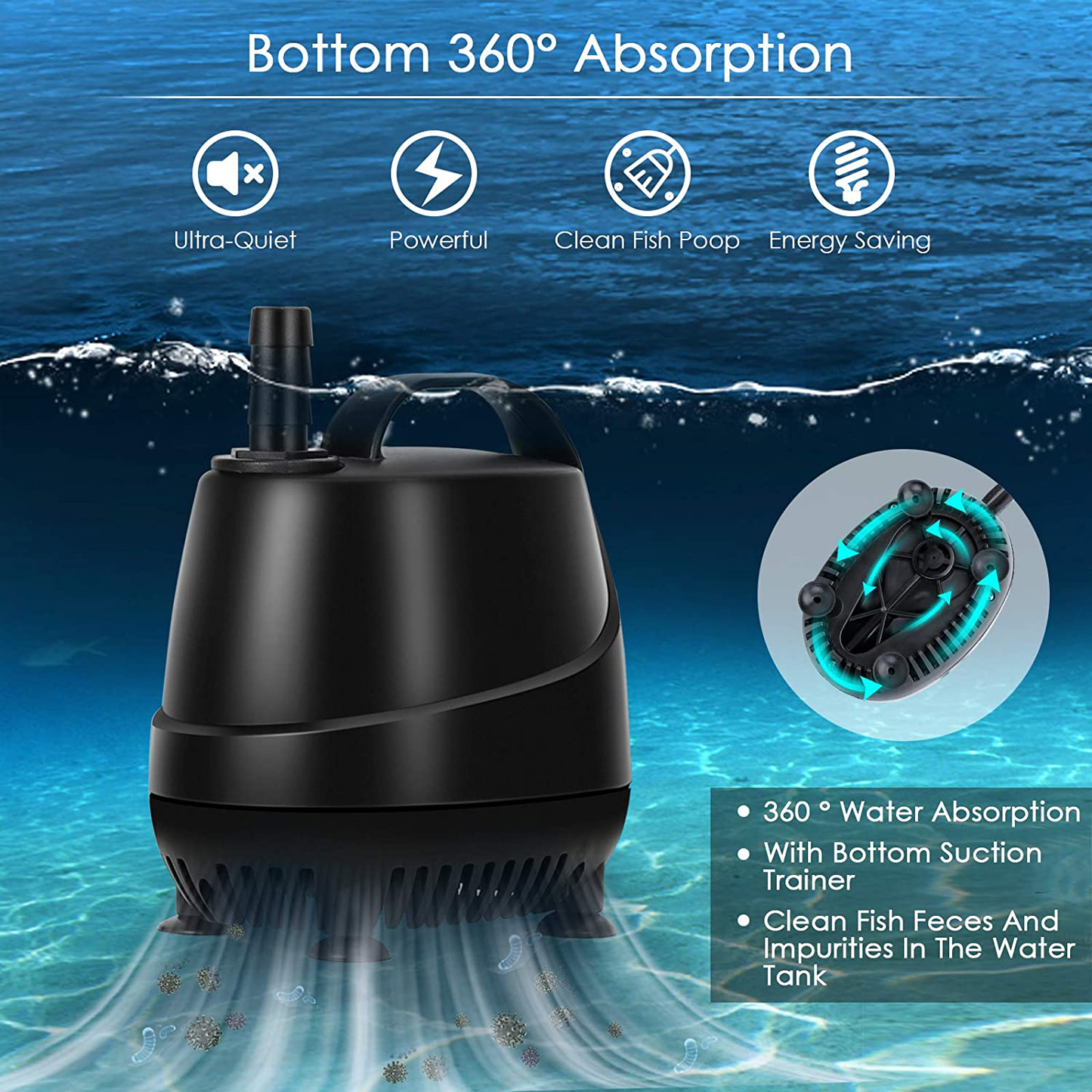 AQQA 265-920GPH Aquarium Submersible Water Pump with 2 Nozzles, Fountain Pump for Water Removal and Drainage Sump Cleaning for Aquarium, Pond, Fish Tank, Hydroponics, Backyard (20W) Animals & Pet Supplies > Pet Supplies > Fish Supplies > Aquarium & Pond Tubing AQQA   