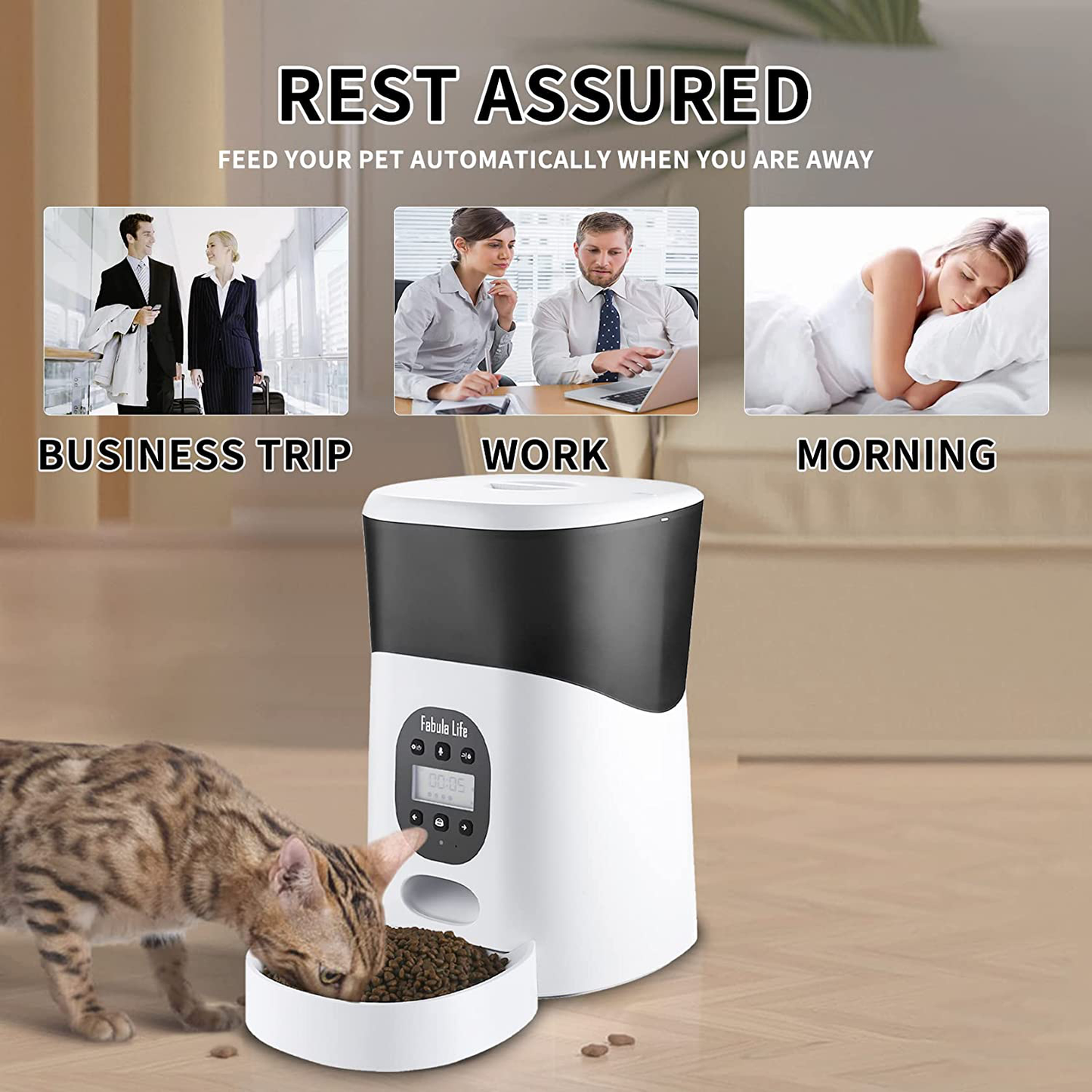 Fabula Life Automatic Cat Feeder, 5L Pet Dry Food Dispenser with Buckle Lock Lid, Programmable Control 1-6 Meals per Day Clog-Free Design Timed Pet Feeder, Dual Power Supply and 10S Voice Recorder