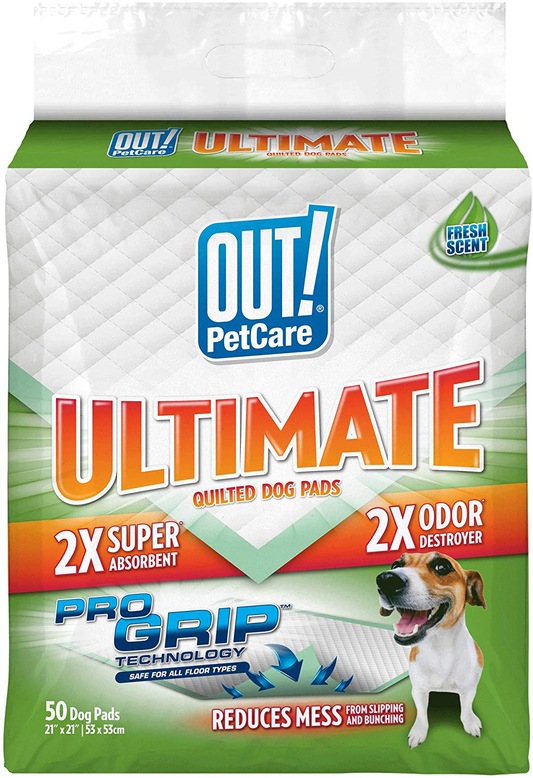 OUT! Ultimate Pro-Grip Dog Pads | Absorbent Pet Training and Puppy Pads | Grip Technology Prevents Slipping and Bunching | 50 Pads | 21 X 21 Inches Animals & Pet Supplies > Pet Supplies > Dog Supplies > Dog Diaper Pads & Liners OUT! Standard 50 ct 
