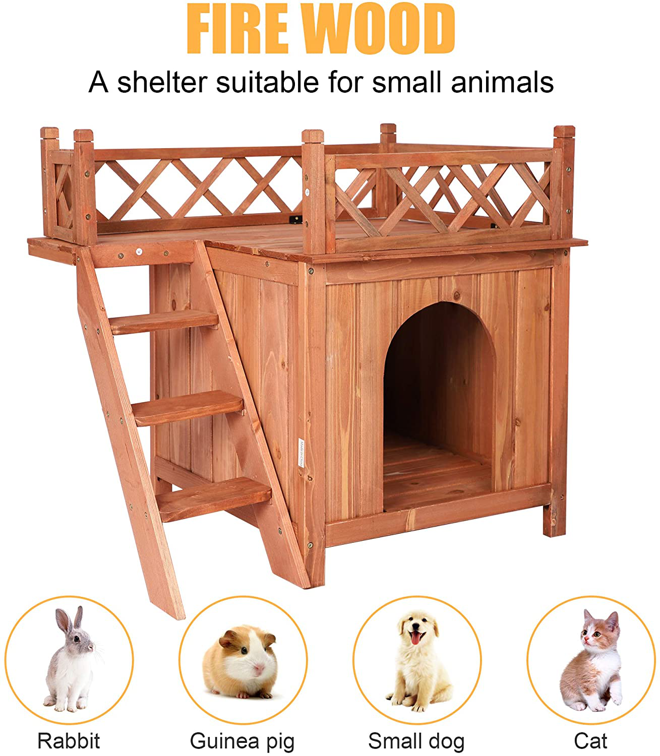 LONABR Wooden Pet Dog House 2 Tier Dog Room Shelter with Stairs and Balcony,All-Weather Puppy House for Indoor, Outdoor