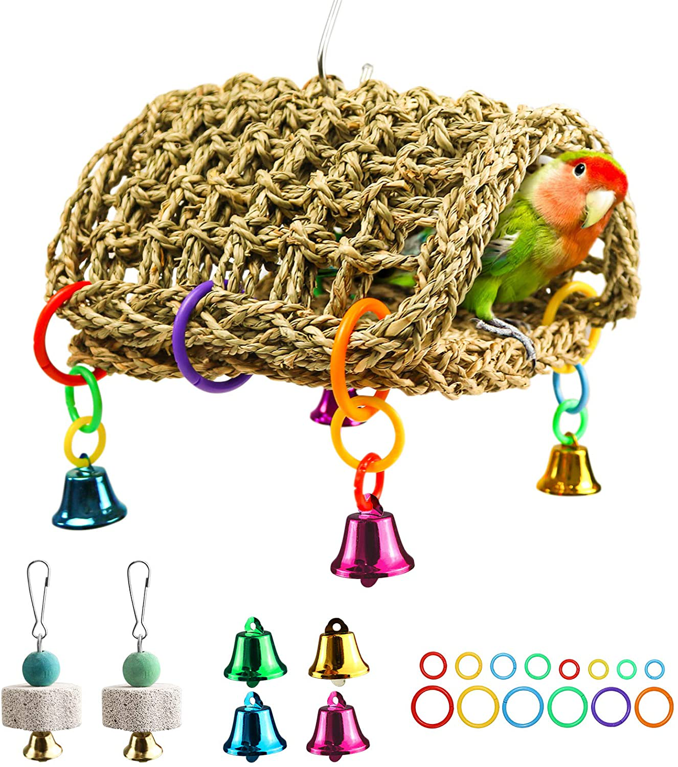 Bird Seagrass Hammock DIY Toys,Parrot Nest House Shed Hut Hanging Hammock Cage Tent Parakeet Perch Stand Climb Ladder Cage Toys for Conure Lovebird Budgie Cockatiel Finch Cockatoo Animals & Pet Supplies > Pet Supplies > Bird Supplies > Bird Ladders & Perches Roundler   