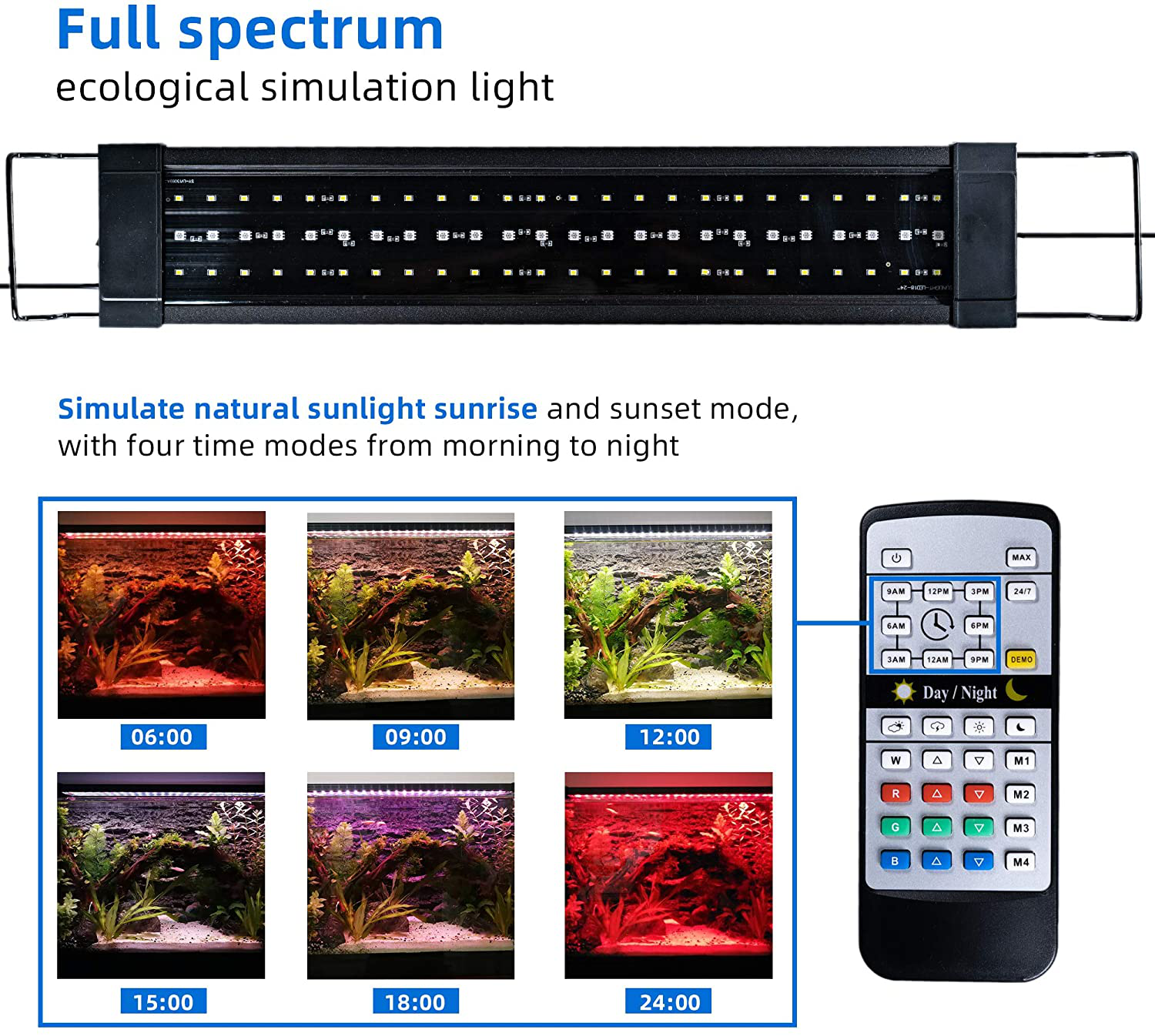 Full-Spectrum RGB Fish Tank Light, 24-Hour Sunrise and Sunset Ecosystem, with Remote Timing, 19.5W Power Black, Suitable for 19’-31’’ Aquariums and Reptile Plants