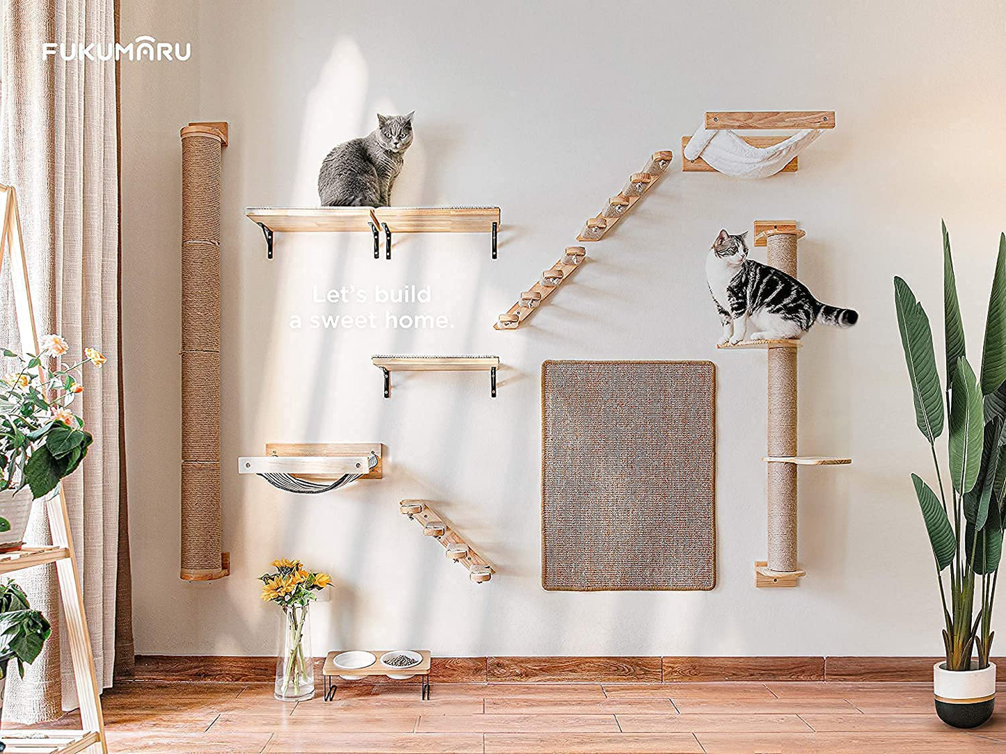 FUKUMARU Cat Activity Tree with Scratching Posts, Wall Mounted Jute Scratcher Pine Hammock Animals & Pet Supplies > Pet Supplies > Cat Supplies > Cat Furniture FUKUMARU   