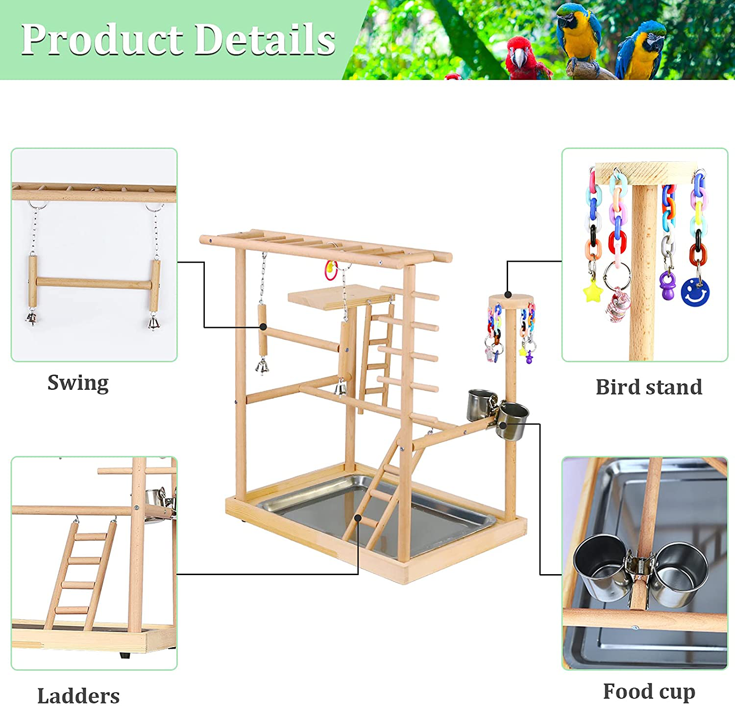 Echaprey Bird Playground Parakeet Cockatiel Playstand Parrot Gym Playground Natural Wood Double Layer Pet Bird Perch Stand with Feeder Bowl Ladder Animals & Pet Supplies > Pet Supplies > Bird Supplies > Bird Gyms & Playstands Echaprey   