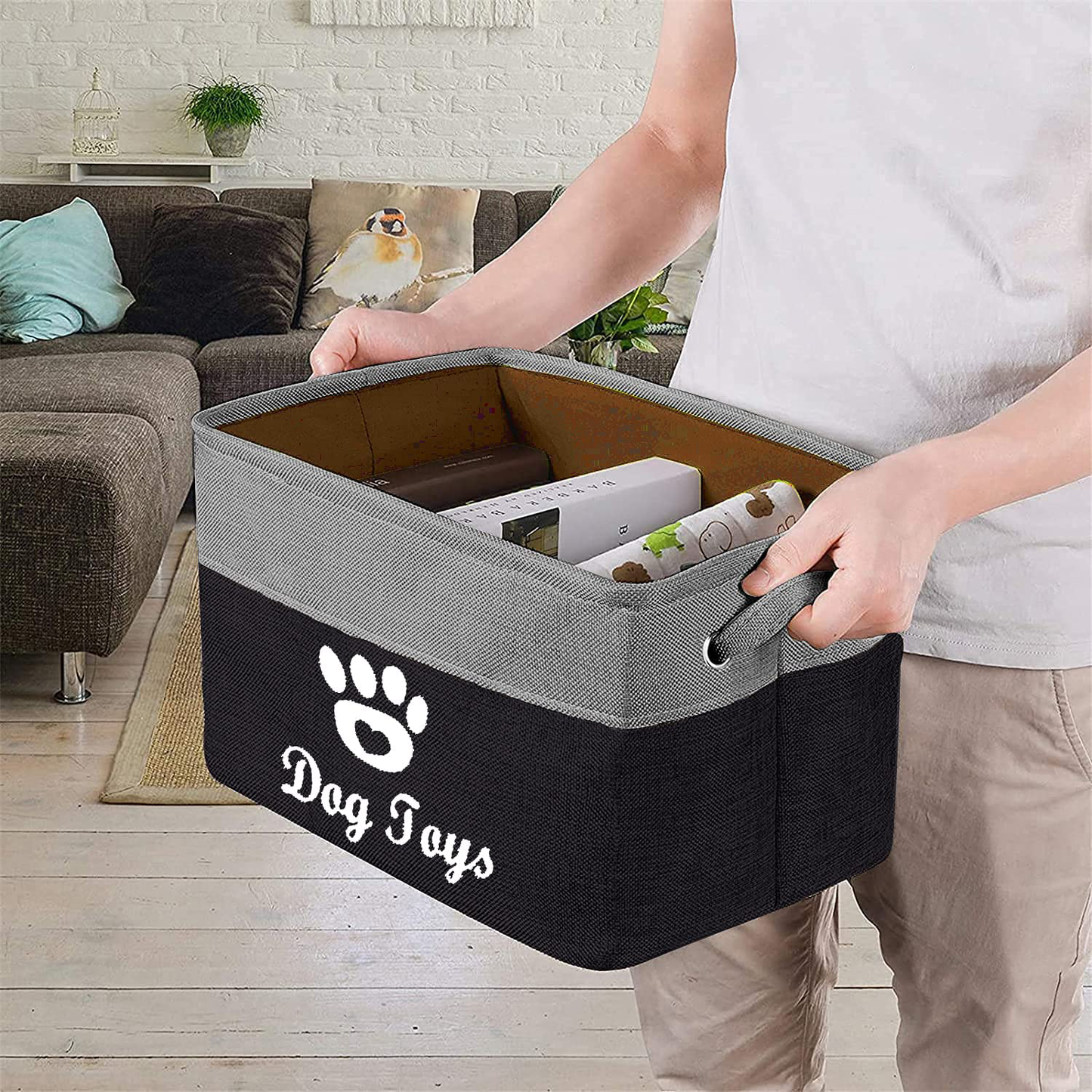FJZFING Collapsible Dog Pet Toy Box Accessory Storage Bin with Handles, Organizer Storage Basket for Pet Toys, Blankets, Leashes, and Embroidered Dog Toys Black Animals & Pet Supplies > Pet Supplies > Dog Supplies > Dog Toys FJZFING   