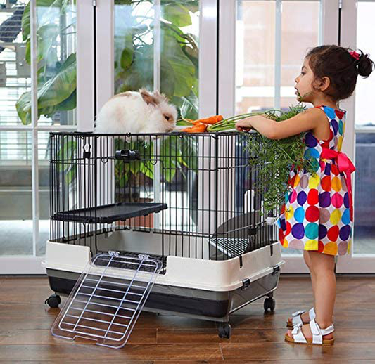 Large 2-Level Indoor Small Animal Pet Cage for Guinea Pig Ferret Chinchilla Cat Playpen Rabbit Hutch with Solid Platform & Ramp, Leakproof Litter Tray, 2 Large Access Doors Lockable Casters Animals & Pet Supplies > Pet Supplies > Small Animal Supplies > Small Animal Habitats & Cages Mcage Black 32 x 21 x 28"H Inch 
