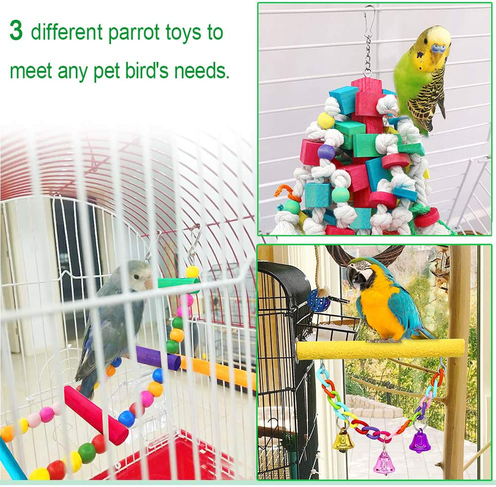 Large Bird Swing Toys, 3 PCS Big Parrots Chewing Natural Wood with Bells Toys for Childhood Macaws Cokatoos, Alexandrine Parakeet, African Grey Parrot and a Variety of Medium Amazon Finch
