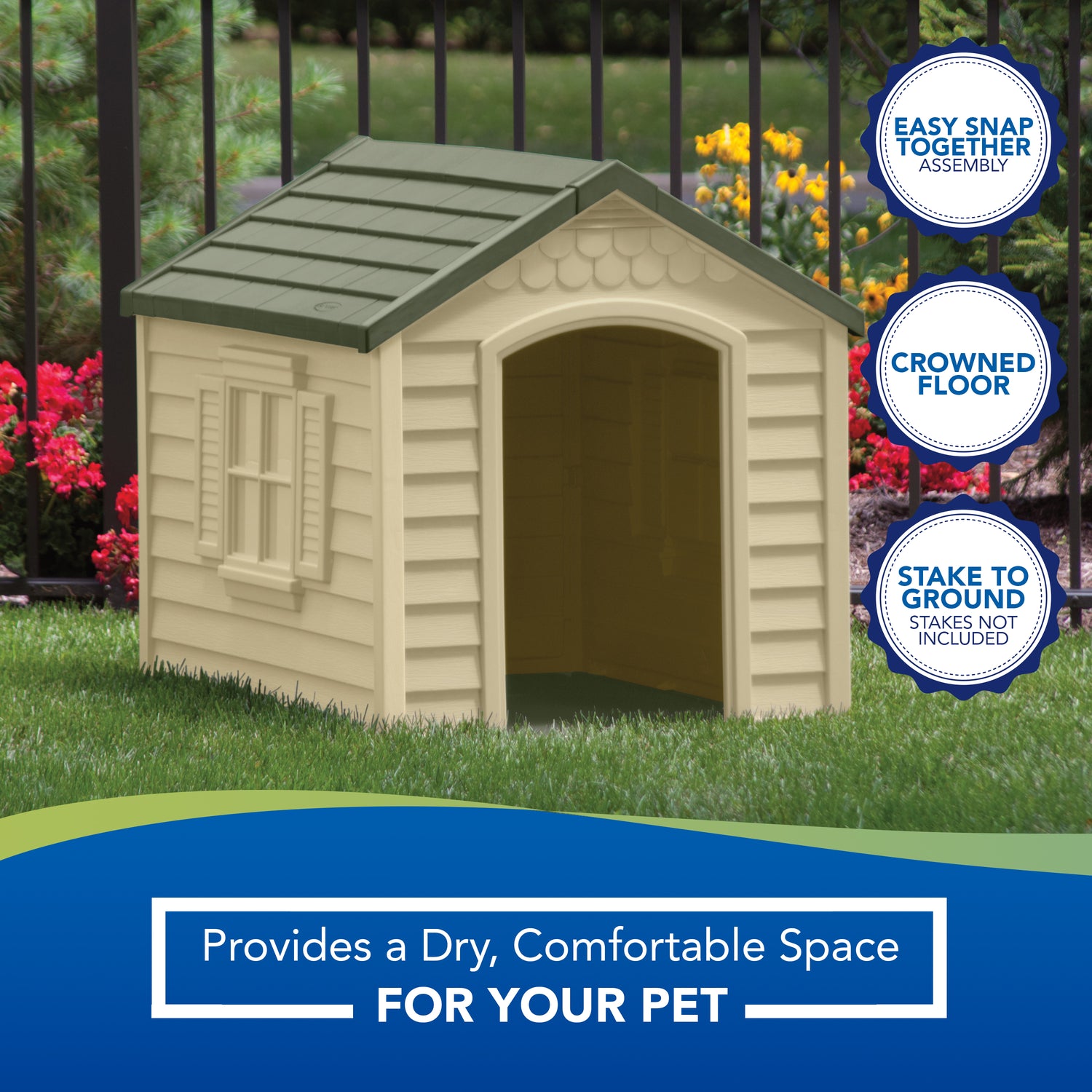 Suncast Medium Indoor & Outdoor Dog House for Small/Medium Breeds, Beige/Green