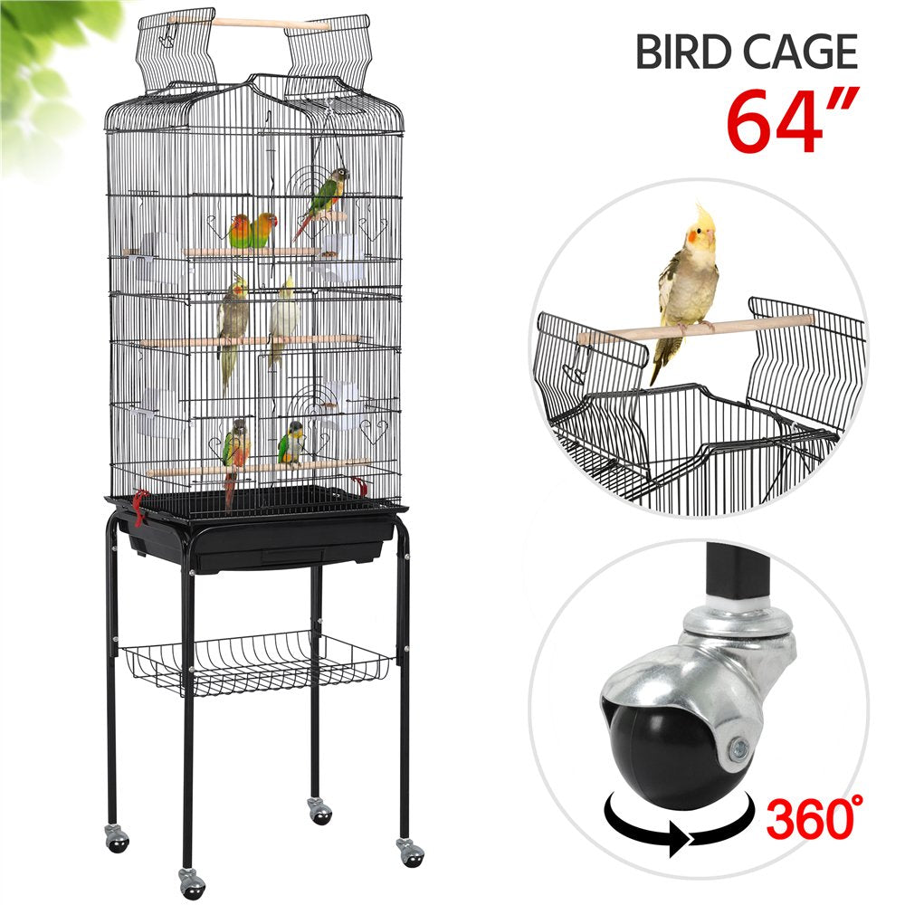 Topeakmart 64''H Open Top Metal Birdcage Rolling Parrot Cage with Detachable Stand, Almond Animals & Pet Supplies > Pet Supplies > Bird Supplies > Bird Cages & Stands Topeakmart Black  