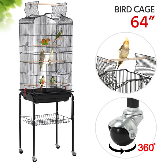 Easyfashion 64'' Play Open Top Small Parrot Cockatiel Bird Cage with Rolling Stand Black Animals & Pet Supplies > Pet Supplies > Bird Supplies > Bird Cages & Stands Easyfashion   