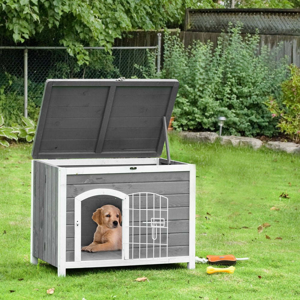 Pawhut Foldable Raised Wooden Dog House with Lockable Door, Openable Roof, Gray Animals & Pet Supplies > Pet Supplies > Dog Supplies > Dog Houses Aosom LLC   