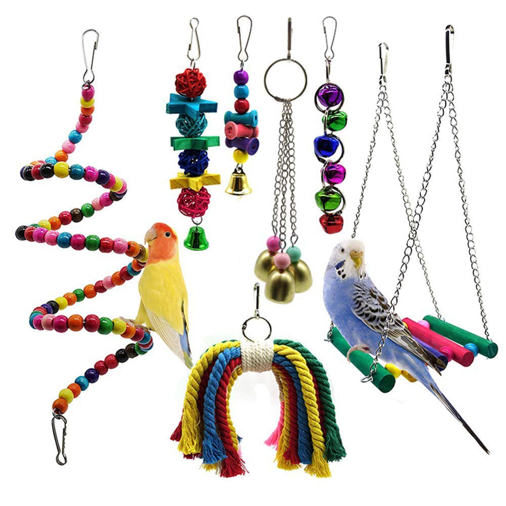 Jiaqi 7Pcs Wooden Beads Bell Swing Ladder Bird Parakeet Hanging Perch Parrot Pet Toy