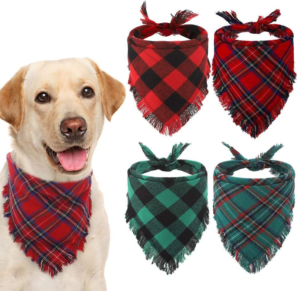 KOOLTAIL Plaid Dog Bandana Christmas 4 Pack - Classic Triangle Scarf Tassels Style Holiday for Dogs Cats Puppy Animals & Pet Supplies > Pet Supplies > Dog Supplies > Dog Apparel Best4cat   