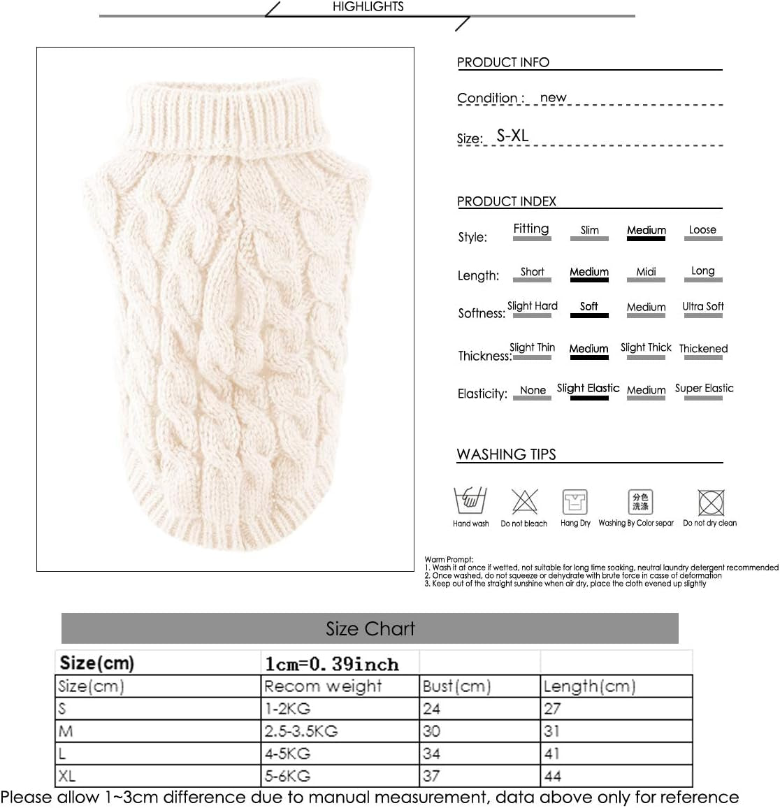 Pet Dog Turtleneck Knitting Sweater Coat Winter Warmer Thickening Pullover Knitwear Crochet Coat Clothes for Small Medium Large Dog Puppy Cat (L, White) Animals & Pet Supplies > Pet Supplies > Dog Supplies > Dog Apparel Winmany1112   