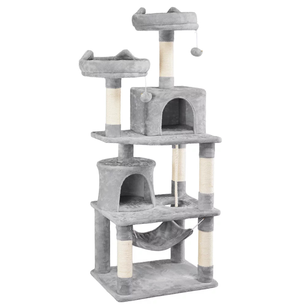 Smilemart 62.2" Double Condo Cat Tree and Scratching Post Tower, Light Gray