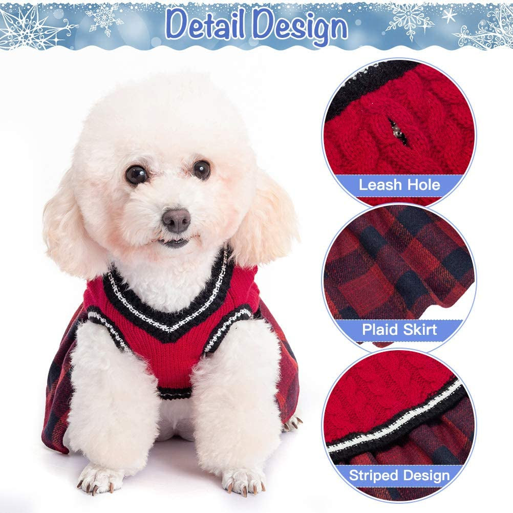 BINGPET Dog Sweater Dress - Plaid Pattern - Warm Pullover with Leash Hole V-Neck Knitwear Pet Sweater Cat Knitted Dress One-Piece Dress for Small to Medium Dog and Cat Animals & Pet Supplies > Pet Supplies > Dog Supplies > Dog Apparel BINGPET   